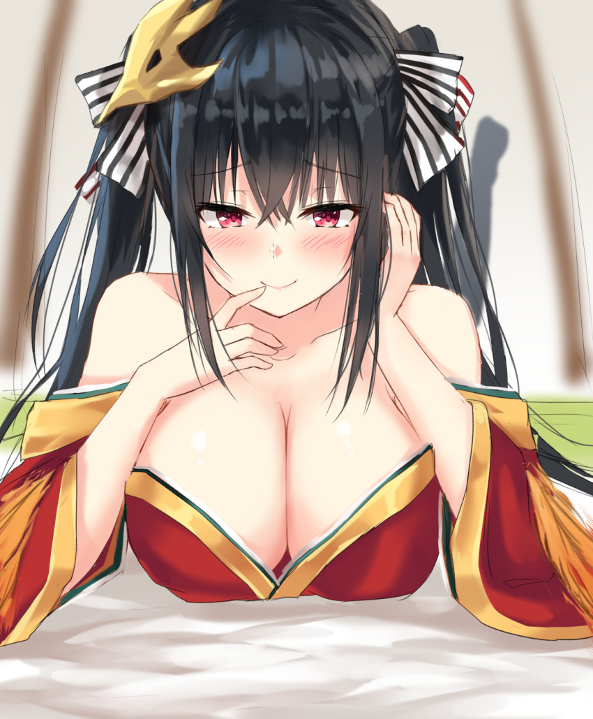 1girl azur_lane bangs bare_shoulders black_hair blush breasts cleavage closed_mouth collarbone hair_between_eyes hair_ribbon highres japanese_clothes karo-chan kimono large_breasts long_hair long_sleeves looking_at_viewer lying mask mask_on_head on_stomach red_eyes red_kimono ribbon smile solo striped striped_ribbon taihou_(azur_lane) twintails wide_sleeves