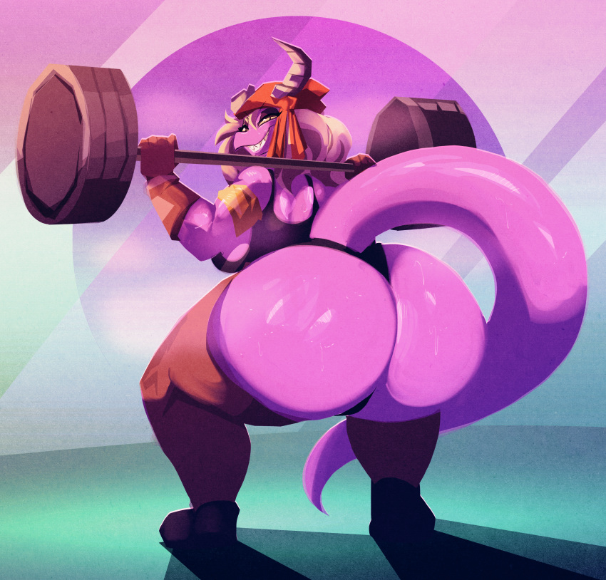 2019 absurd_res anthro bandanna big_butt breasts broken_horn butt cass_(simplifypm) digital_media_(artwork) exercise female hair hi_res horn huge_butt looking_at_viewer non-mammal_breasts pink_body pink_scales riendonut scales scalie smile solo weightlifting workout