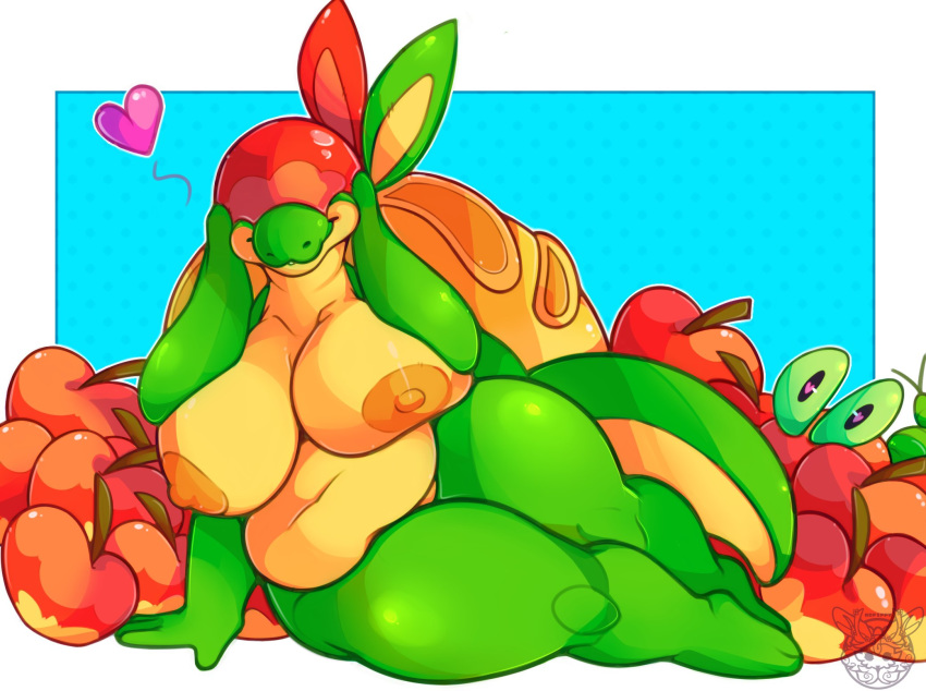 &lt;3 abstract_background anthro anthrofied apple appletun applin big_breasts breasts curvy_figure droopy_ears female food food_creature fruit hi_res huge_breasts long_ears lounging mcpippypants nintendo nude overweight pinup plant pok&eacute;mon pok&eacute;mon_(species) pose slightly_chubby smile solo_focus thick_thighs video_games voluptuous wide_hips