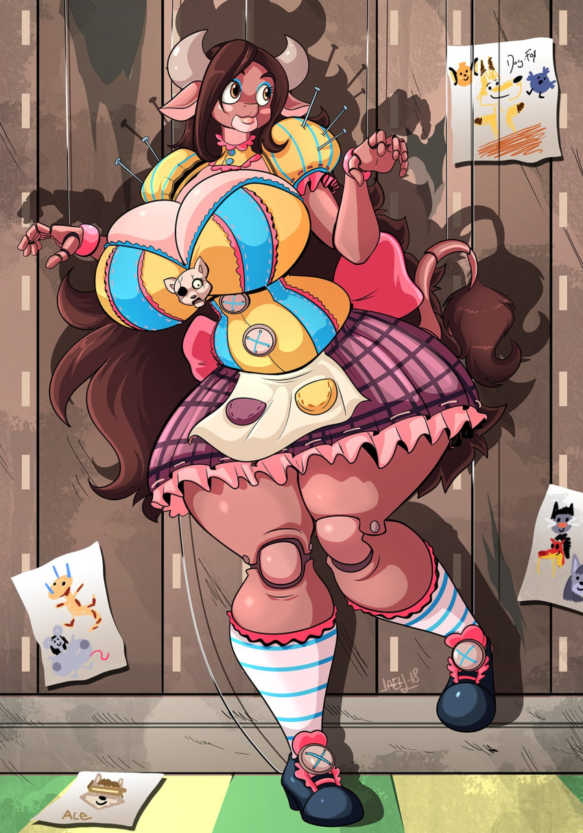 big_breasts bovid bovine breasts button_(fastener) cattle cleavage clothed clothing doll_joints dress female footwear hair hi_res horn huge_breasts jaeh legwear long_hair mammal marionette shoes socks solo string tail_tuft tuft