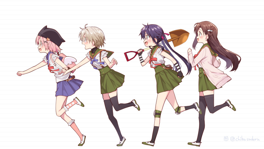 4girls :d :o ahoge animal_hat arm_at_side arms_at_sides backpack bag bangs bare_arms bear_hair_ornament black_choker black_headwear black_legwear blue_eyes blue_ribbon blue_sailor_collar blue_skirt breast_pocket brown_hair cardigan cat_hat chiba_sadoru choker clenched_hand clenched_hands ebisuzawa_kurumi elbow_gloves facing_another fingerless_gloves folded_hair frilled_legwear frilled_sleeves frills from_side gakkou_gurashi! garter_straps gloves green_sailor_collar green_skirt hair_ornament hair_ribbon hairclip hand_up hat high-waist_skirt holding holding_hands holding_shovel knee_pads kneehighs leg_lift lineup long_hair long_sleeves looking_afar looking_at_another looking_away miniskirt mole mole_under_eye multiple_girls naoki_miki neck_ribbon official_art open_cardigan open_clothes open_mouth outstretched_arm pink_backpack pink_bag pink_cardigan pink_hair pink_legwear pink_ribbon pleated_skirt pocket profile purple_hair red_ribbon ribbon running sailor_collar school_uniform serafuku shirt shoes short_hair short_sleeves shovel sidelocks sideways_mouth silver_hair simple_background skirt smile striped striped_gloves surprised takeya_yuki tareme thighhighs turtleneck twintails twitter_username uwabaki very_long_hair wakasa_yuuri white_background white_shirt winged_backpack x_hair_ornament zettai_ryouiki