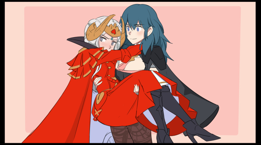 2girls arms_around_neck byleth_(fire_emblem) byleth_(fire_emblem)_(female) cape carrying edelgard_von_hresvelg fire_emblem fire_emblem:_three_houses greaves green_hair high_heels looking_at_viewer mikoyan multiple_girls princess_carry red_cape silver_hair smile tiara yuri