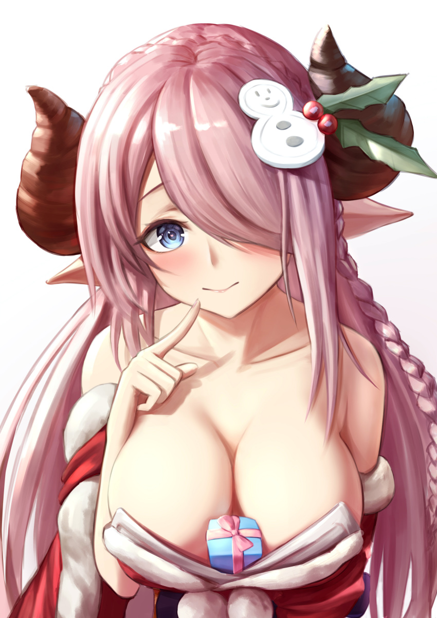 1girl absurdres bare_shoulders between_breasts blue_eyes blush box braid breasts christmas cleavage demon_horns draph eyebrows finger_to_face gift gift_box granblue_fantasy hair_ornament hair_over_one_eye heart heart-shaped_pupils highres horns huge_breasts large_breasts lavender_hair long_hair looking_at_viewer narmaya_(granblue_fantasy) purple_hair simple_background single_braid snowman snowman_hair_ornament solo symbol-shaped_pupils user_rymn2453 very_long_hair white_background