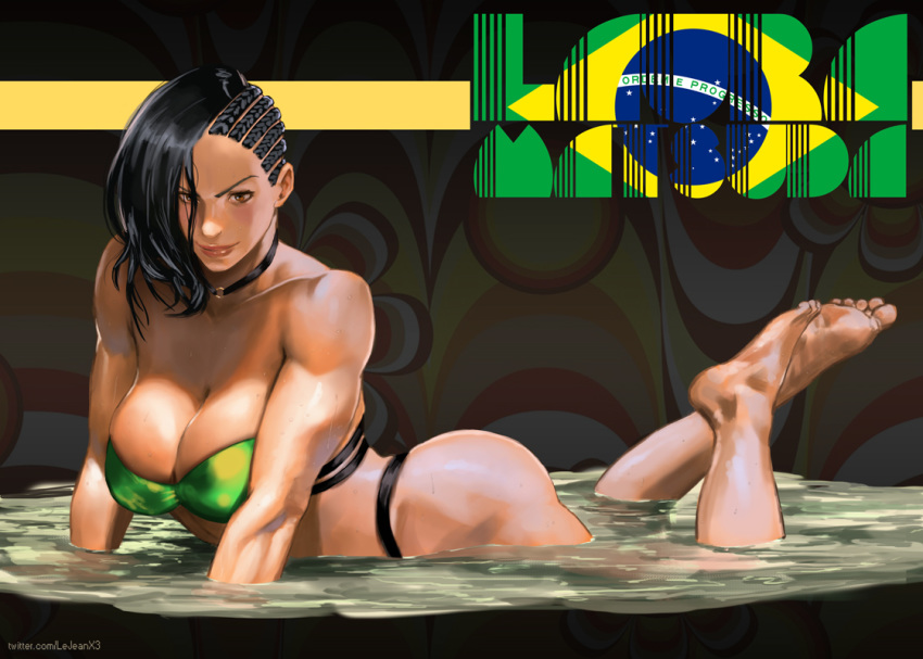 1girl alternate_costume ass asymmetrical_hair bare_shoulders barefoot bikini black_hair brazil brazilian_flag breasts brown_eyes character_name cleavage cornrows dark_skin eyebrows feet green_swimsuit large_breasts laura_matsuda lips long_hair looking_at_viewer lying muscle muscular_female on_stomach partially_submerged rejean_dubois seductive_smile smile solo street_fighter street_fighter_v swimsuit toned v-shaped_eyebrows water wavy_hair