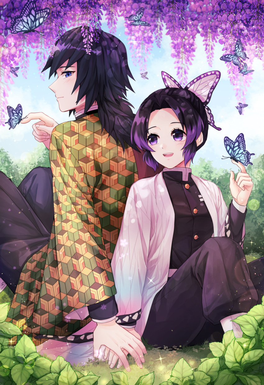 1boy 1girl :d black_hair black_jacket black_pants blue_eyes butterfly_hair_ornament butterfly_on_hand couple flower gradient_hair hair_ornament hand_on_hand haori highres jacket japanese_clothes kimetsu_no_yaiba kochou_shinobu lens_flare long_sleeves multicolored_hair open_mouth pants plus1024 purple_hair short_hair smile sparkle tomioka_giyuu wisteria