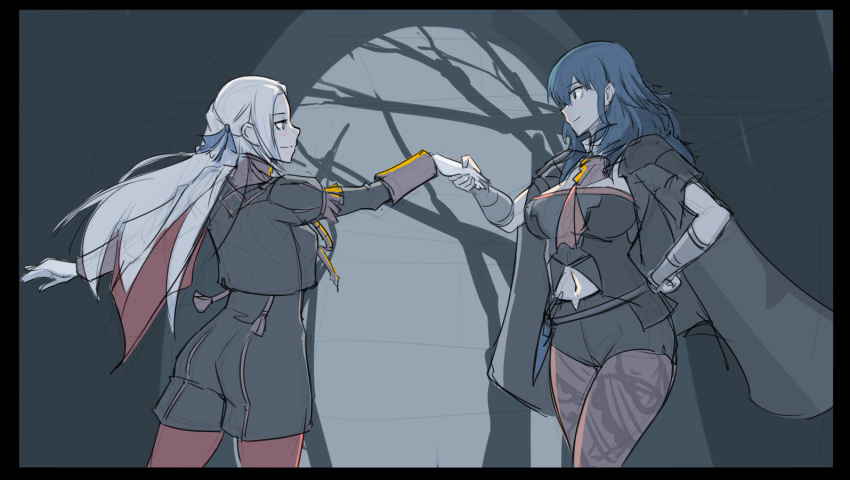 2girls byleth_(fire_emblem) byleth_(fire_emblem)_(female) dancing edelgard_von_hresvelg eye_contact fire_emblem fire_emblem:_three_houses garreg_mach_monastery_uniform hand_on_hip holding_hands legwear_under_shorts long_hair looking_at_another mikoyan multiple_girls navel navel_cutout pantyhose red_legwear shorts silver_hair smile stomach