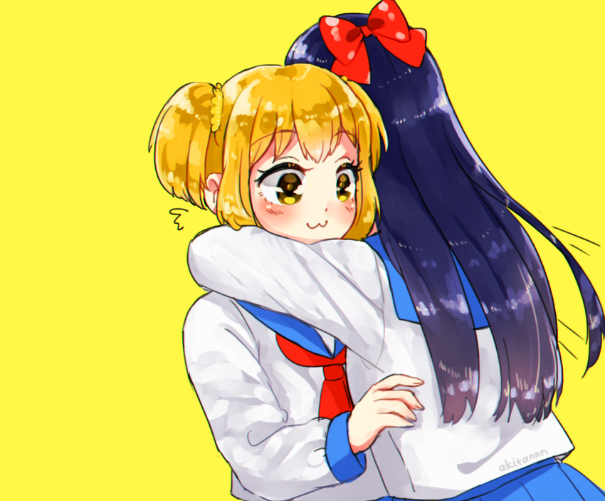 2girls akitannn blonde_hair blue_hair blush bow cat_smile close hug long_hair pipimi pop_team_epic popuko school_uniform short_hair signed twintails yellow yellow_eyes