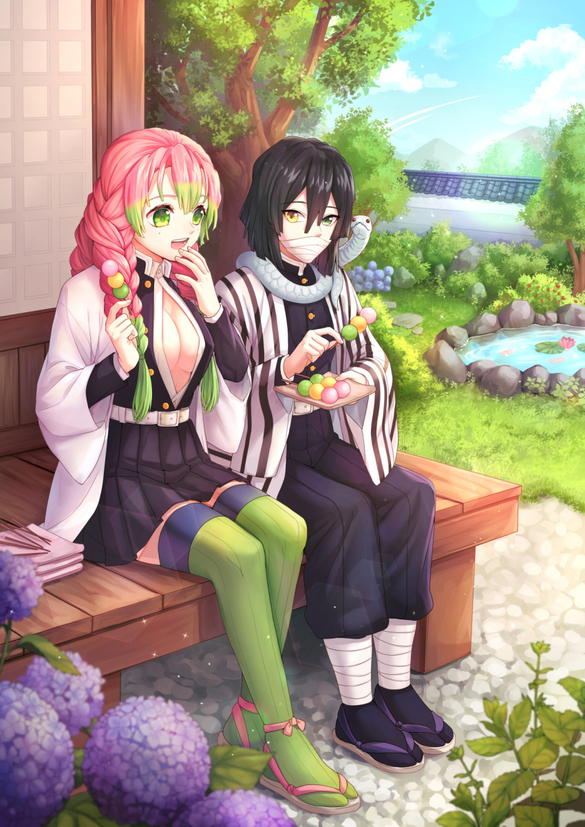 1boy 1girl :d bandages black_hair black_jacket black_legwear black_pants black_skirt blue_legwear braid breasts cleavage collared_shirt couple dango dress_shirt flower food green_hair haori highres holding holding_food hydrangea iguro_obanai jacket japanese_clothes kanroji_mitsuri kimetsu_no_yaiba large_breasts long_sleeves miniskirt multicolored_hair open_clothes open_jacket open_mouth outdoors pants partially_unbuttoned pink_hair pleated_skirt plus1024 purple_flower sanshoku_dango shiny shiny_hair shirt sitting skirt smile snake tabi thighhighs two-tone_hair wagashi white_shirt wing_collar zettai_ryouiki