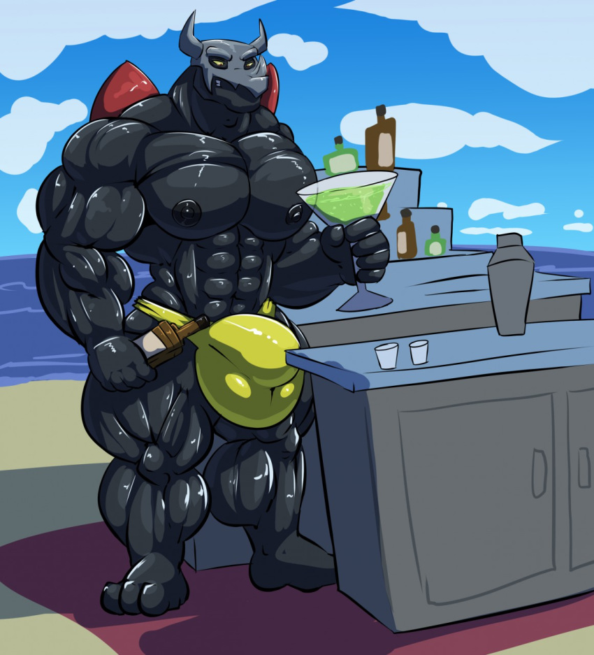 anthro beach big_bulge bobert bone bottle bulge clothing cloud cocktail_bar cocktail_glass cocktail_mixer cyberdramon day digimon digimon_(species) hi_res holding_object horn huge_bulge hyper hyper_bulge male muscular nipples sea seaside skull sky small_wings smile underwear water wings