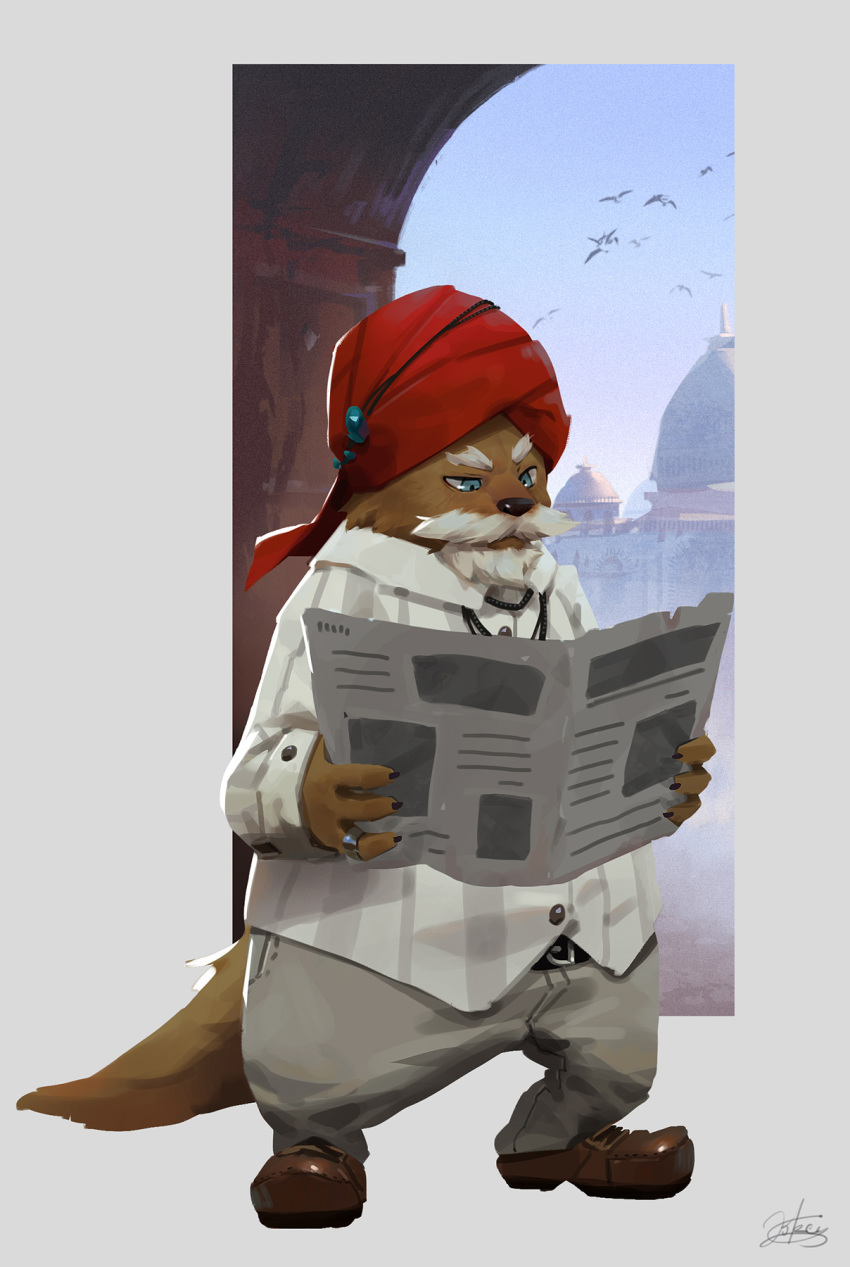 2017 anthro beard belt black_nose blue_eyes bottomwear brown_body brown_fur clothing detailed_background facial_hair footwear fur headgear headwear hi_res lokey lutrine male mammal mustelid newspaper outside pants reading religious_clothing religious_headwear shirt shoes solo topwear turban white_beard