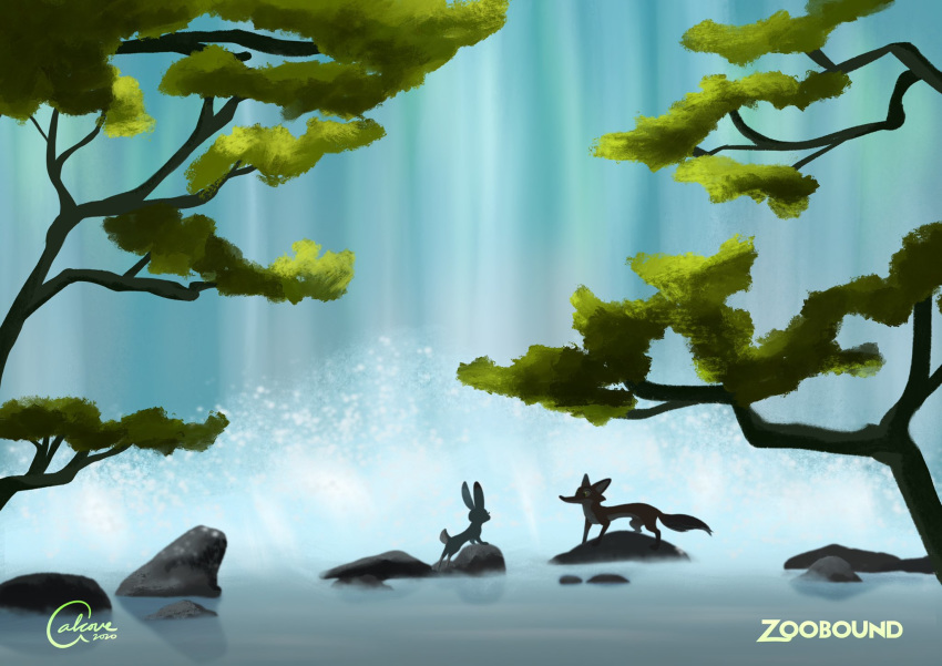 2020 ambiguous_gender canid canine detailed_background disney duo feral fox fur hi_res judy_hopps lagomorph leporid looking_at_another mammal nick_wilde qalcove rabbit red_fox rock tree water waterfall zootopia