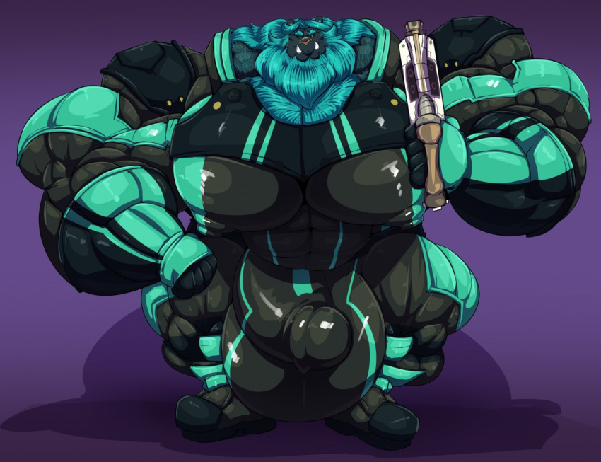 anthro armor balls big_balls big_bulge big_muscles big_penis bobert bulge clothing fangs felid footwear fur genitals gun holding_object huge_balls huge_bulge huge_muscles huge_penis hyper hyper_balls hyper_bulge hyper_genitalia hyper_muscles hyper_penis lion looking_at_viewer male mammal multicolored_body multicolored_fur muscular nipples pantherine penis ranged_weapon rolibar shoes weapon