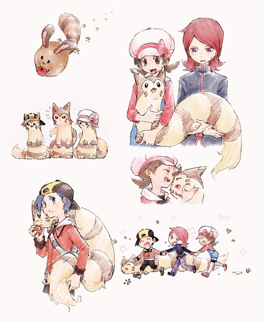 1girl 2boys alternate_color apple black_eyes blue_hair brown_fur brown_hair clothed_pokemon commentary_request eating ethan_(pokemon) food fruit furret heart highres holding holding_pokemon lyra_(pokemon) multiple_boys multiple_views open_mouth pokemon pokemon_(creature) pokemon_hgss red_hair sentret shiny_pokemon silver_(pokemon) simple_background smile sparkle tail tan_carbonnn white_background