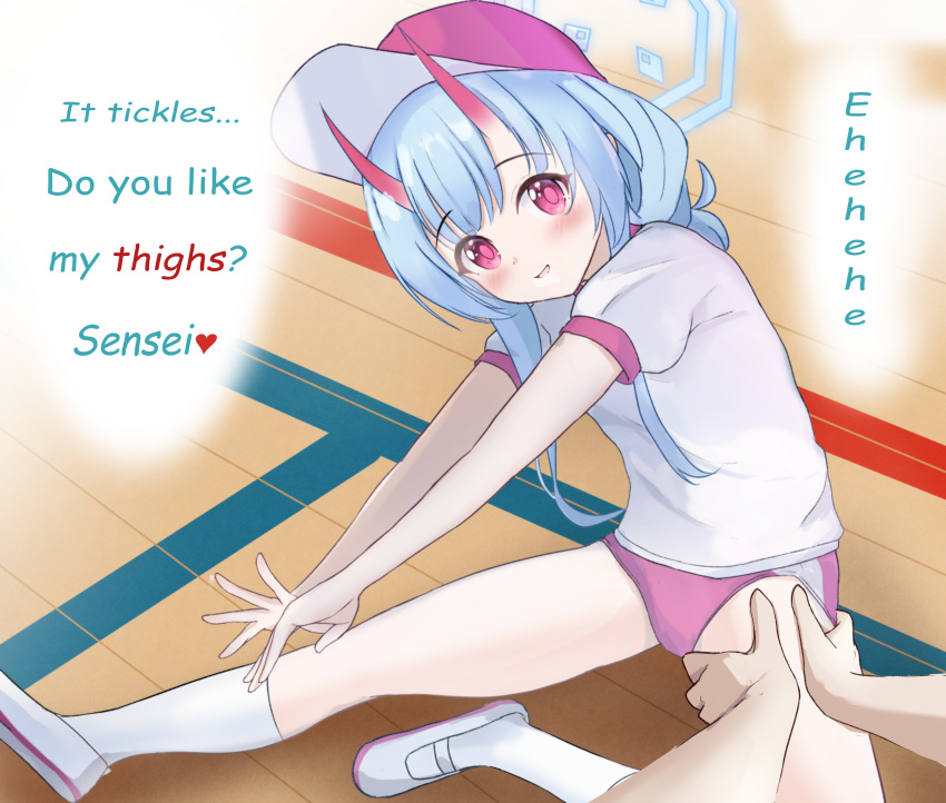 1girl absurdres blue_archive blue_hair chise_(blue_archive) commission english_text floor gym_uniform halo hat highres hitomi13 horns light_blue_hair looking_at_viewer official_alternate_costume oni oni_horns pink_eyes pixiv_commission shirt solo stretching t-shirt thighs wooden_floor