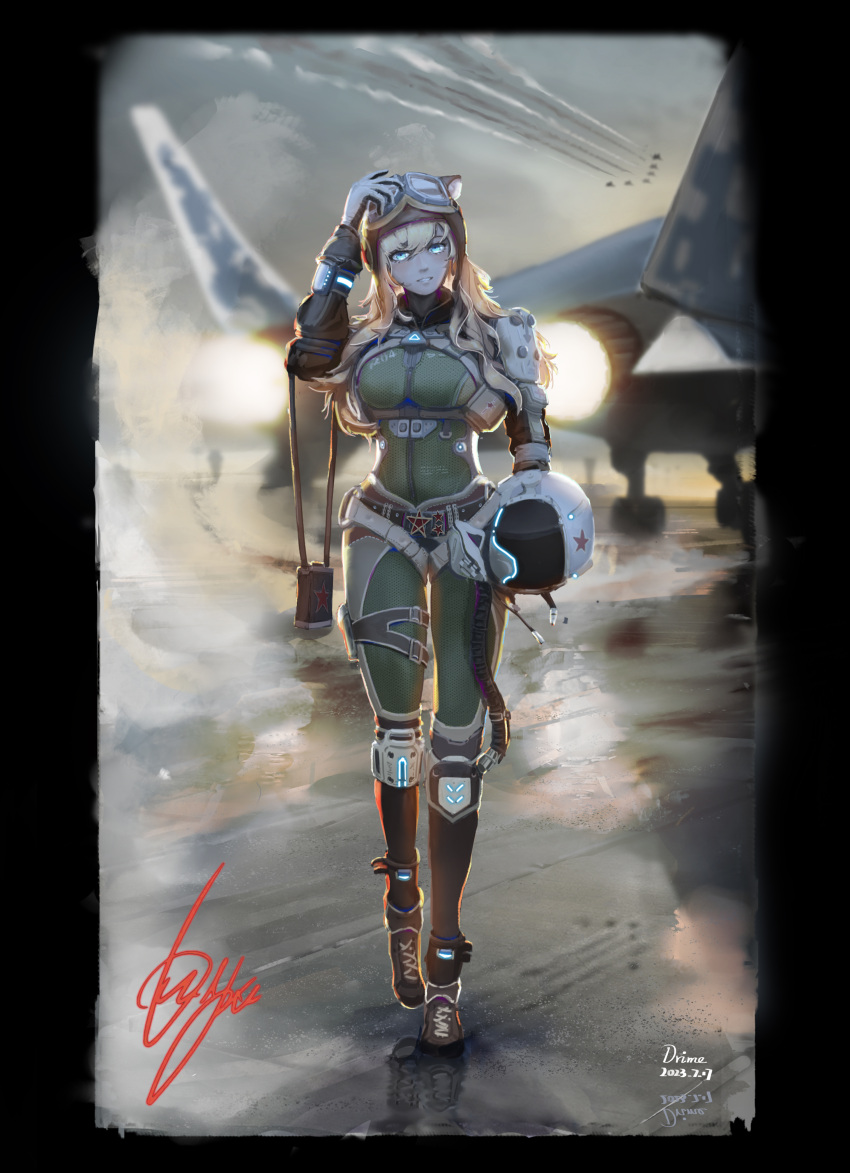 1girl absurdres aircraft airplane animal_ear_fluff animal_ears artist_name belt blonde_hair blue_eyes bodysuit breasts dated fake_animal_ears fighter_jet goggles goggles_on_head grayprime4wd green_bodysuit helmet highres jet lilya_(reverse:1999) looking_at_viewer military military_uniform military_vehicle outdoors reverse:1999 signature solo standing uniform