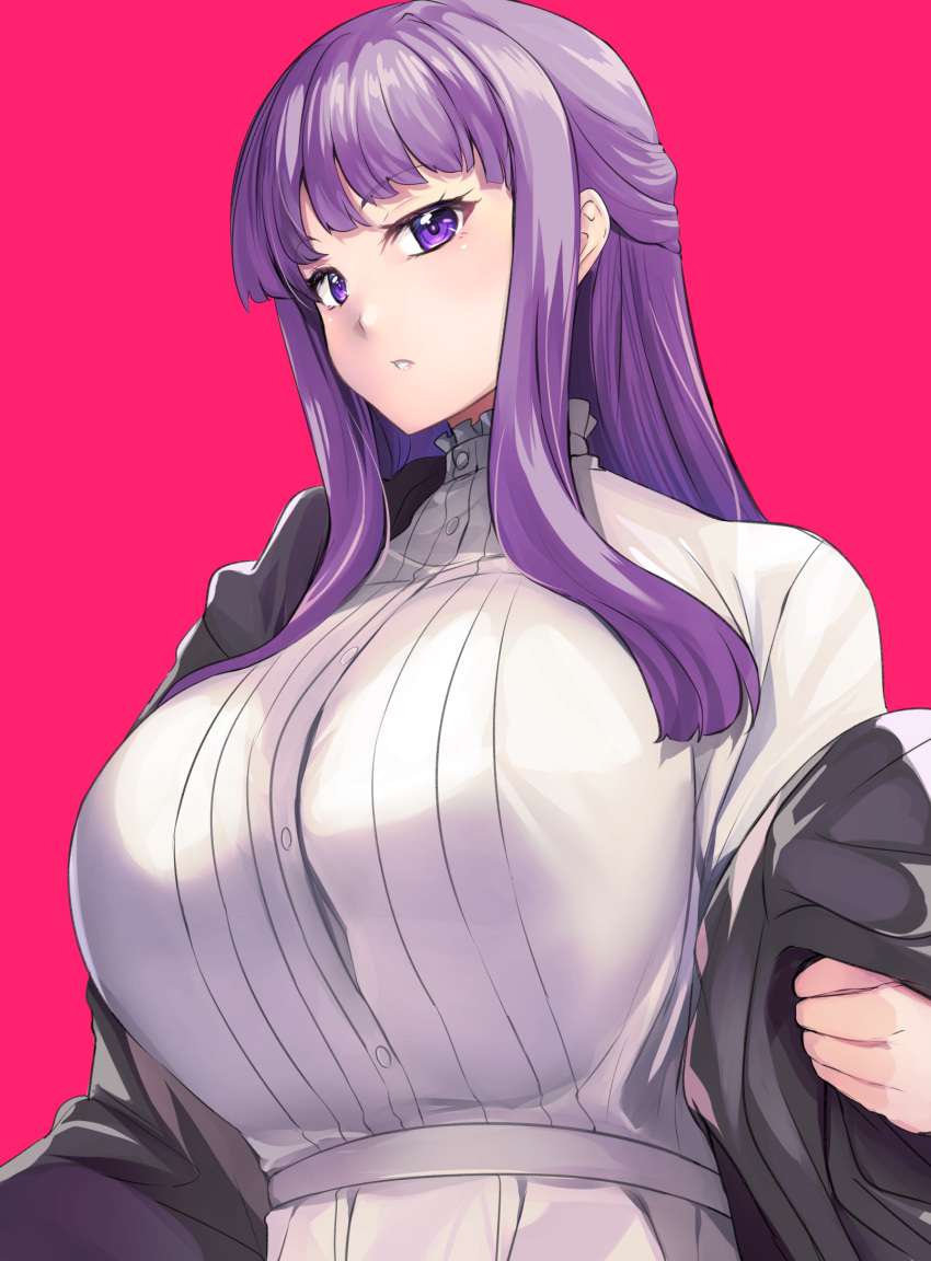 1girl black_coat blunt_bangs breasts buttons coat collar dress fern_(sousou_no_frieren) frilled_collar frills highres hinata_sora huge_breasts long_dress long_hair long_sleeves looking_at_viewer pink_background purple_eyes purple_hair sidelocks simple_background solo sousou_no_frieren straight_hair upper_body white_dress