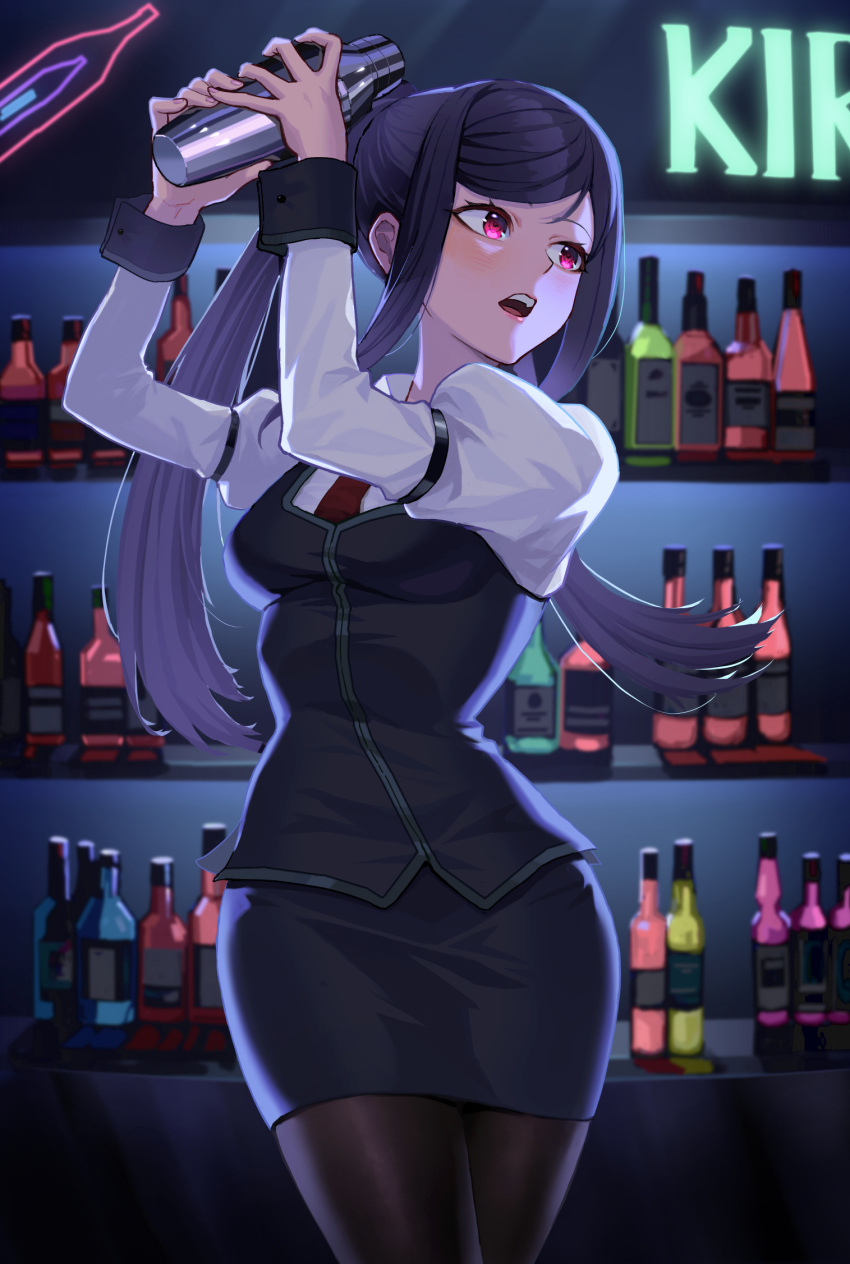 1girl alcohol bar_(place) bartender bottle cocktail_shaker highres holding holding_shaker jill_stingray long_hair long_sleeves necktie open_mouth pantyhose pencil_pusher pencil_skirt purple_hair purple_vest red_eyes red_necktie shirt sidelocks skirt solo standing swept_bangs twintails va-11_hall-a vest white_shirt