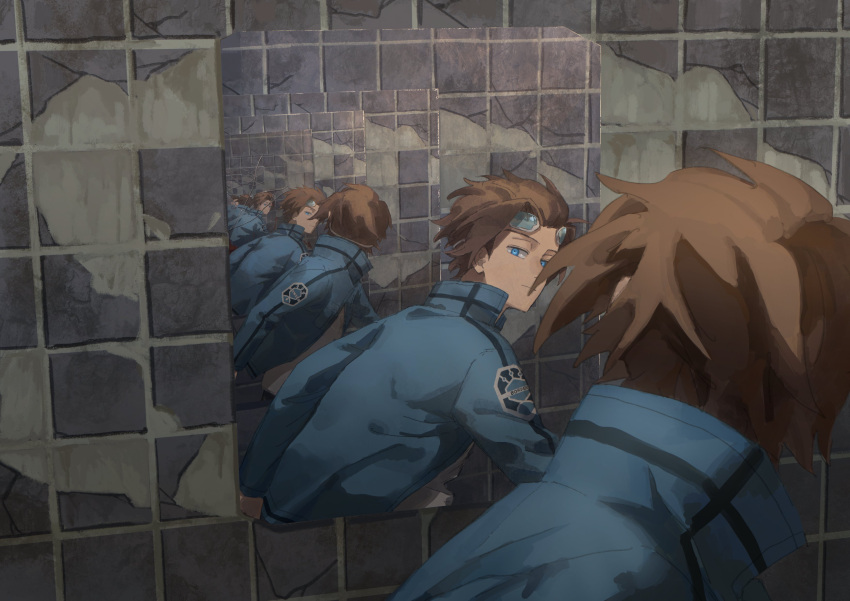 1boy absurdres blue_eyes blue_jacket broken_wall brown_hair closed_mouth commentary_request eternalpillow04 from_side goggles goggles_on_head highres jacket jin_yuuichi long_sleeves looking_at_mirror looking_at_viewer looking_to_the_side male_focus mirror recursion reflection running short_hair solo symbolism tile_wall tiles uniform world_trigger
