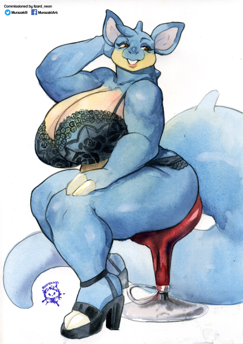 absurd_res anthro anthrofied big_breasts blue_body bra breasts brown_eyes chair claws clothing curvy_figure female footwear furniture generation_1_pokemon hi_res high_heels horn huge_breasts lace lingerie lips murazaki nidoqueen nintendo painting_(artwork) panties pink_lips pinup pokemon pokemon_(species) pose simple_background sitting slightly_chubby smile solo thick_thighs traditional_media_(artwork) underwear voluptuous watercolor_(artwork) watermark wide_hips