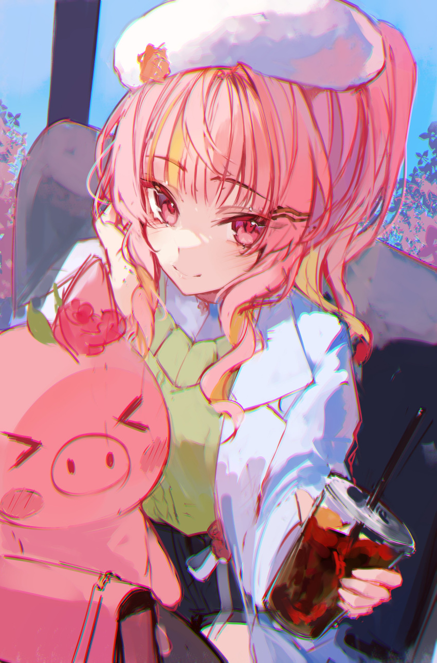 1girl absurdres bag beret black_shorts blunt_bangs coat commentary cup disposable_cup green_sweater handbag hat highres holding holding_cup lapels looking_at_viewer multicolored_hair naokomama nijisanji nijisanji_en notched_lapels open_clothes open_coat orange_hair pig pink_bag pink_eyes pink_hair rosemi_lovelock rosemi_lovelock_(3rd_costume) shirt shorts smile solo streaked_hair stuffed_animal stuffed_toy sweater virtual_youtuber white_coat white_headwear white_shirt