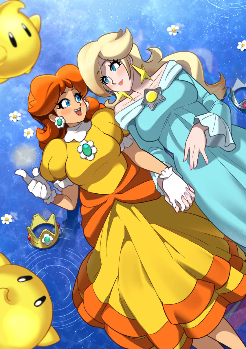 2girls 2others absurdres aqua_dress bare_shoulders blonde_hair blue_eyes blush breasts brooch brown_hair crown dress earrings facing_another flower flower_earrings from_above gloves highres holding_hands jewelry large_breasts legs long_sleeves loveycloud luma_(mario) lying mario_(series) medium_breasts multiple_girls multiple_others on_back open_mouth pink_nails pointing pointing_up princess_daisy reflection reflective_floor reflective_water rosalina sky smile star_(sky) star_(symbol) star_brooch star_earrings starry_sky water yuri