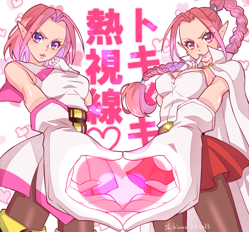 2others absurdres artist_name bare_shoulders braid braided_ponytail breasts cape chrono_cross chrono_trigger cleavage closed_mouth cowboy_shot dated dress dual_persona finger_to_mouth flea_(chrono_trigger) gloves hand_on_own_face heart heart_hands highres long_hair medium_breasts medium_hair multiple_others pantyhose parted_bangs parted_lips pink_eyes pink_hair pleated_skirt pointy_ears red_skirt shikiwo shirt sideboob single_braid skirt smile white_cape white_dress white_gloves white_shirt