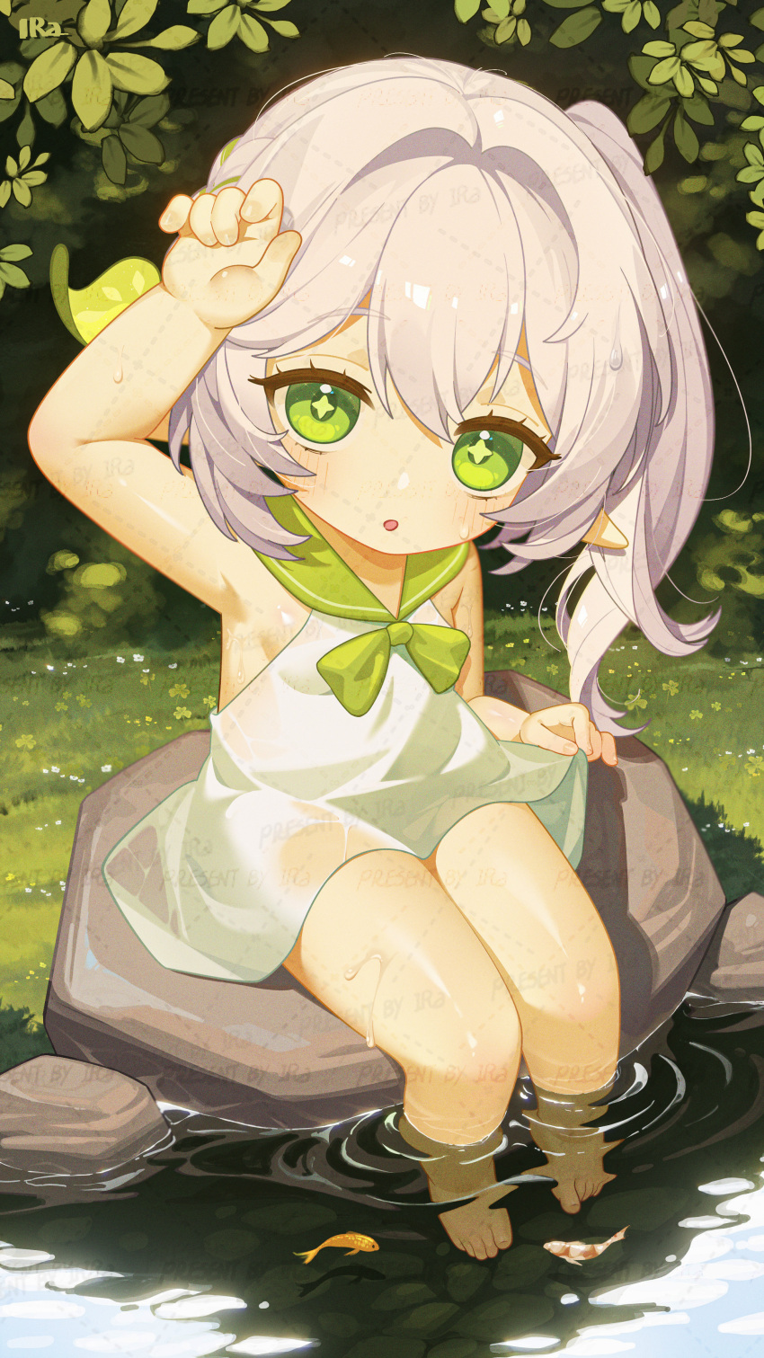 1girl absurdres alternate_costume arm_up blush breasts clothes_lift cross-shaped_pupils dress dress_lift fish forest genshin_impact green_eyes green_sailor_collar haapi_jang_p hair_ornament highres leaf leaf_hair_ornament lifted_by_self long_hair looking_at_viewer nahida_(genshin_impact) nature open_mouth outdoors partially_submerged pointy_ears pond ripples rock sailor_collar side_ponytail sitting sitting_on_rock sleeveless sleeveless_dress small_breasts soaking_feet solo symbol-shaped_pupils wet wet_hair white_dress white_hair