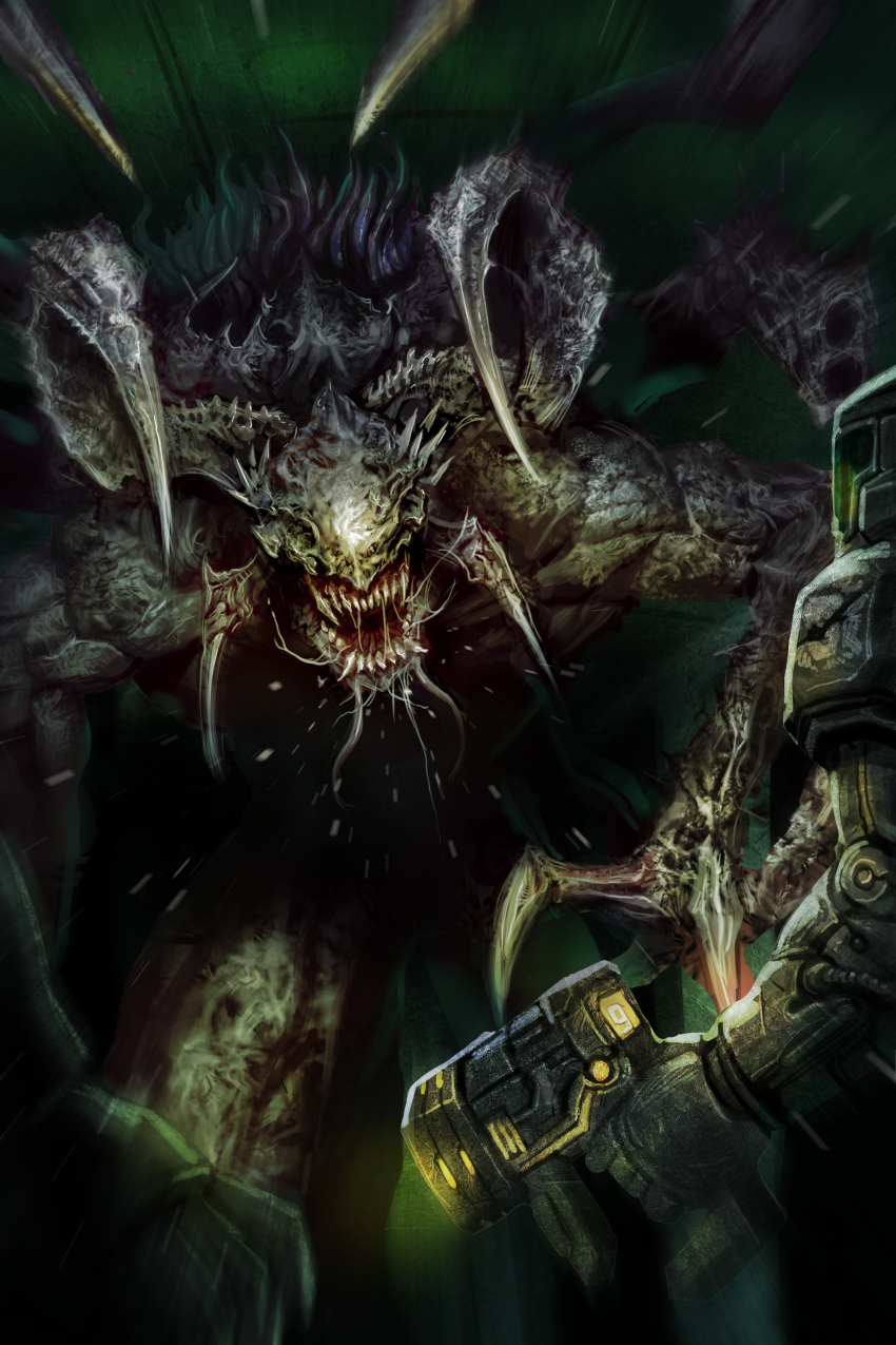 1other absurdres amorph armor carapace claws commentary_request full_armor gun highres holding holding_gun holding_weapon horns horror_(theme) i_became_an_evolving_space_monster jaehyeon_lee korean_commentary monster novel_illustration official_art sharp_teeth teeth tentacles weapon