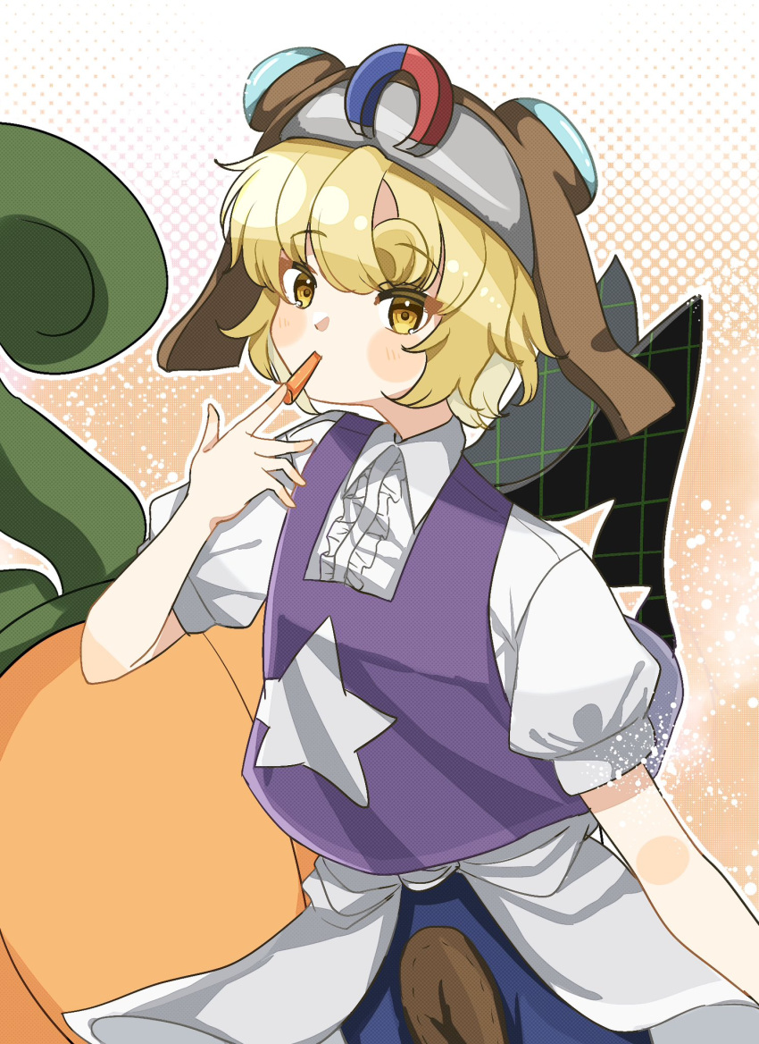 1other a_c_bb androgynous blonde_hair blue_pants carrot center_frills commentary_request cowboy_shot food_in_mouth frills goggles goggles_on_headwear grey_headwear helmet highres len'en magnet other_focus pants puffy_short_sleeves puffy_sleeves purple_vest shirt short_hair short_sleeves solo star_(symbol) star_print umatachi_tsugumi vest white_shirt yellow_eyes