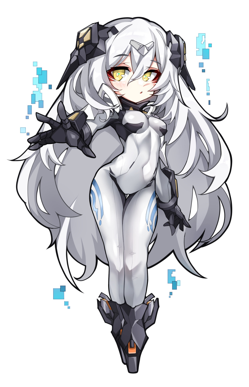 1girl absurdres black_gloves blush bodysuit breasts commentary_request covered_navel eyeliner full_body girls'_frontline gloves godgamesc2 grey_bodysuit grey_hair hair_between_eyes headgear highres long_hair long_sleeves looking_at_viewer makeup medium_breasts outstretched_arm parted_lips red_eyeliner simple_background skin_tight standing tareus_(girls'_frontline) white_background yellow_eyes
