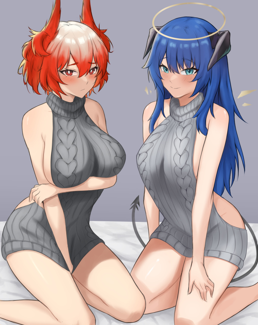 2girls arknights bare_arms bare_shoulders blue_eyes blue_hair breasts commentary fangs_(fangs_art) fiammetta_(arknights) grey_sweater halo highres horns large_breasts long_hair looking_at_viewer meme_attire mostima_(arknights) multiple_girls pointy_hair red_eyes red_hair short_hair sitting sleeveless sleeveless_turtleneck sweater tail thighs turtleneck very_long_hair virgin_killer_sweater