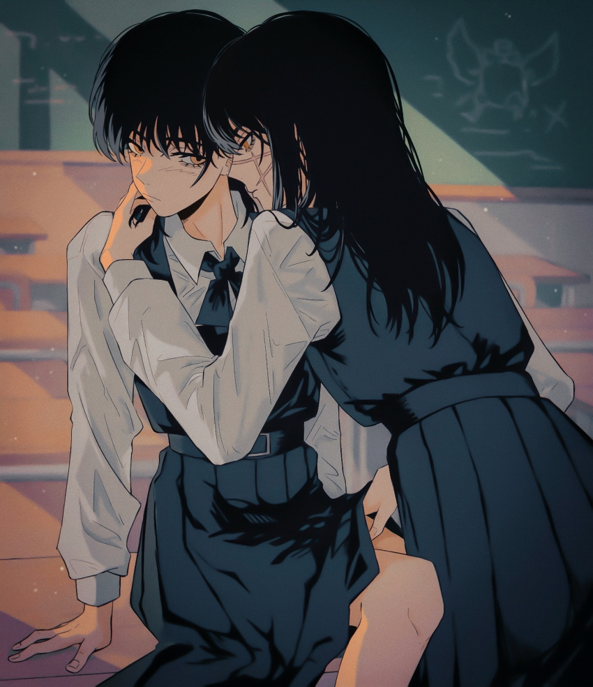 2girls black_hair blush chainsaw_man classroom closed_mouth collared_shirt fourth_east_high_school_uniform hand_on_another's_thigh highres indoors leaning_forward long_hair looking_at_another mitaka_asa multiple_girls pleated_skirt ringed_eyes scar scar_on_face school_uniform shirt sitting skirt white_shirt yellow_eyes yoru_(chainsaw_man) yumu_(8181018) yuri