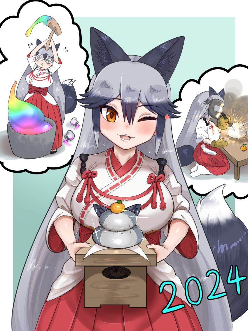 1girl 2024 animal_ears aramaru black_hair blush breasts chihaya_(clothing) extra_ears food fox_ears fox_tail fruit grey_hair hair_between_eyes hakama hakama_skirt heart highres holding holding_mallet huge_breasts japanese_clothes kadomatsu kagami_mochi kemono_friends kemono_friends_3 kimono kine long_hair looking_at_viewer mallet mandarin_orange miko mochi mochi_trail mochitsuki mortar_(bowl) official_alternate_costume one_eye_closed red_hakama ribbon-trimmed_sleeves ribbon_trim silver_fox_(kemono_friends) skirt tail welding welding_mask welding_torch white_kimono wide_sleeves