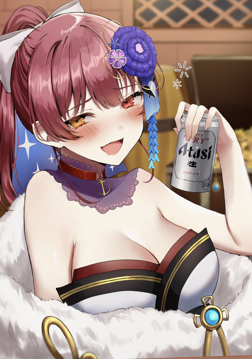 1girl beer_can black_collar blush bow can collar detached_collar drink_can drunk flower hair_bow hair_flower hair_ornament heterochromia high_ponytail highres holding holding_can hololive houshou_marine houshou_marine_(new_year) japanese_clothes kimono long_hair looking_at_viewer mia_(fai1510) official_alternate_costume open_mouth red_eyes red_hair smile solo treasure_chest virtual_youtuber white_bow white_kimono yellow_eyes