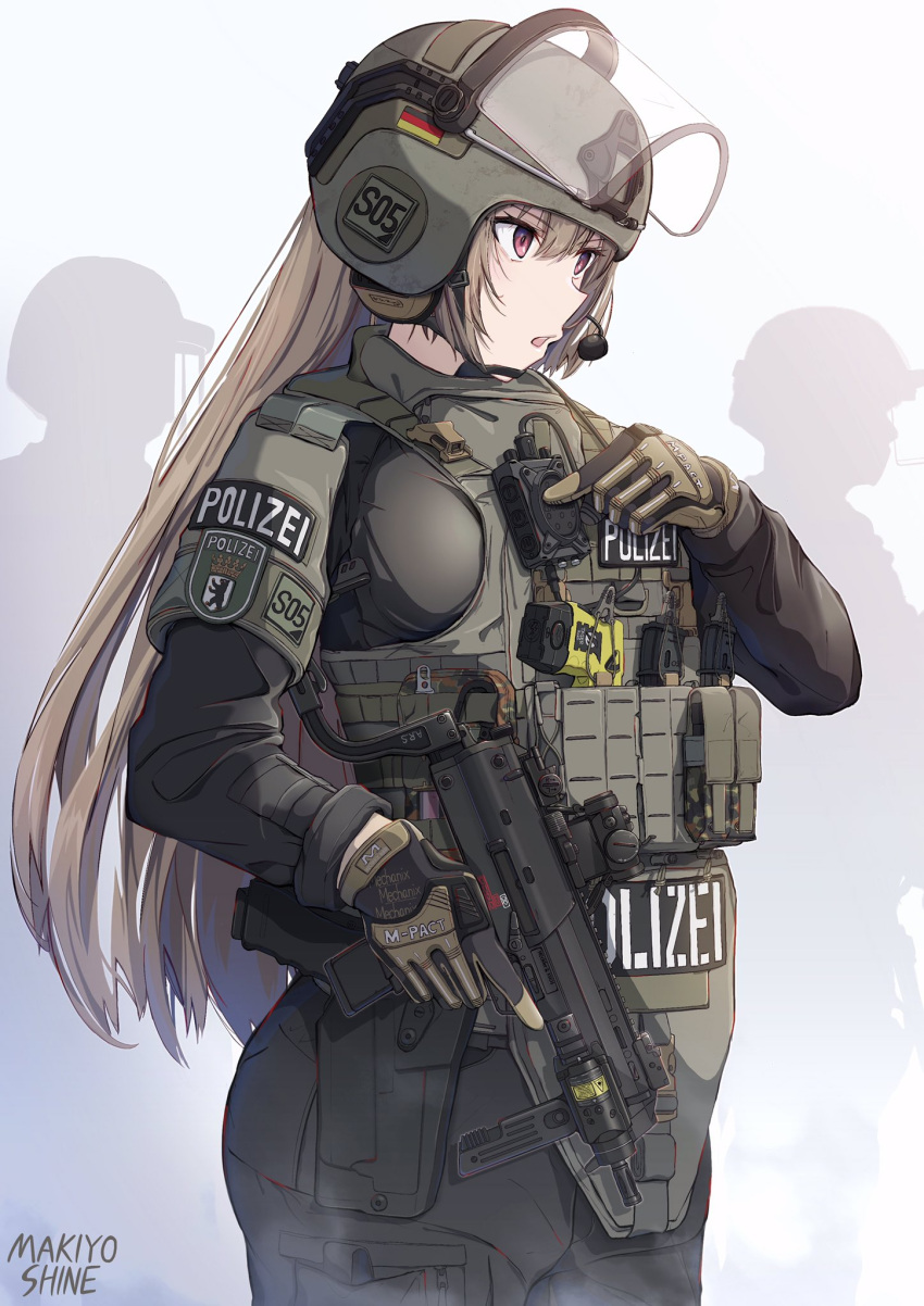 1girl 2others artist_name black_pants black_shirt brown_gloves brown_hair bulletproof_vest camouflage combat_helmet flecktarn german_flag glock gloves green_headwear gun h&amp;k_mp7 handgun helmet highres holster makiyo_shine multiple_others original pants police purple_eyes shirt silhouette submachine_gun thigh_holster weapon