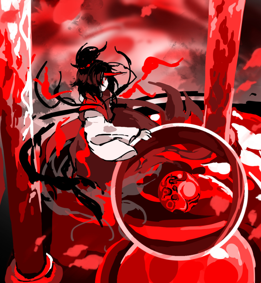 1girl brown_hair colored_skin commentary_request flat_chest highres holding horns japanese_clothes kaigen_1025 kimono konngara_(touhou) long_sleeves no_mouth no_nose red_eyes red_horns red_kimono red_theme single_horn solo touhou touhou_(pc-98) white_skin