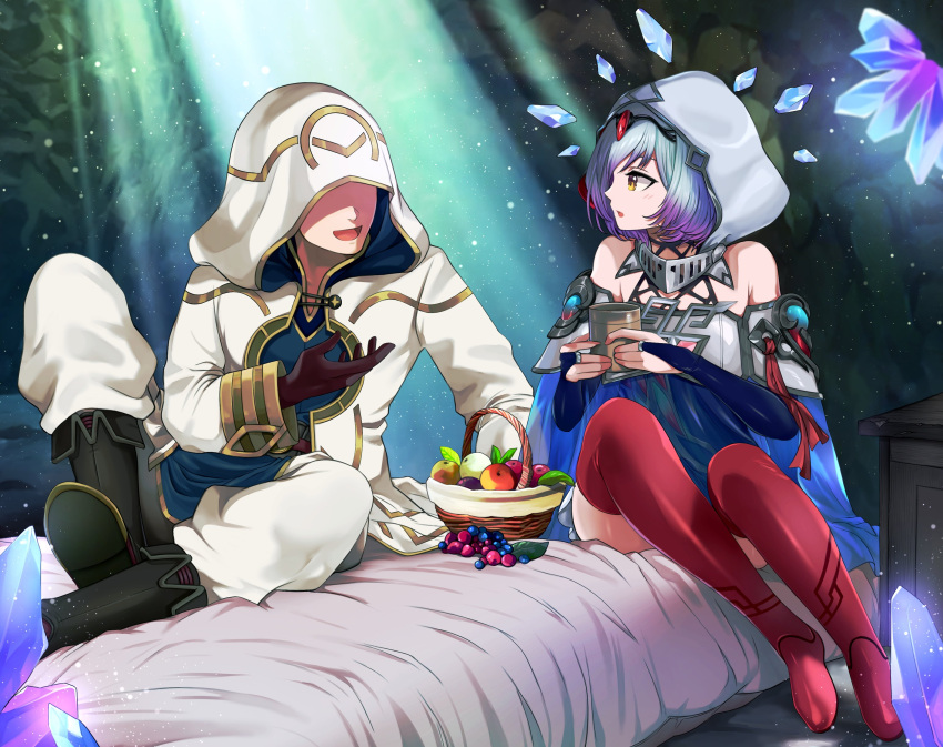 1girl 1other absurdres ambiguous_gender bare_shoulders basket black_footwear blue_shirt boots bridal_gauntlets commentary_request commission cup dress fire_emblem fire_emblem_heroes food fruit gold_trim gradient_hair grey_hair hanamasa_ono highres holding holding_cup hood hood_up indoors kiran_(fire_emblem) kvasir_(fire_emblem) long_sleeves looking_at_another multicolored_hair off_shoulder on_bed open_clothes open_mouth open_robe pants profile purple_hair red_thighhighs robe shirt smile thighhighs white_dress white_pants white_robe yellow_eyes