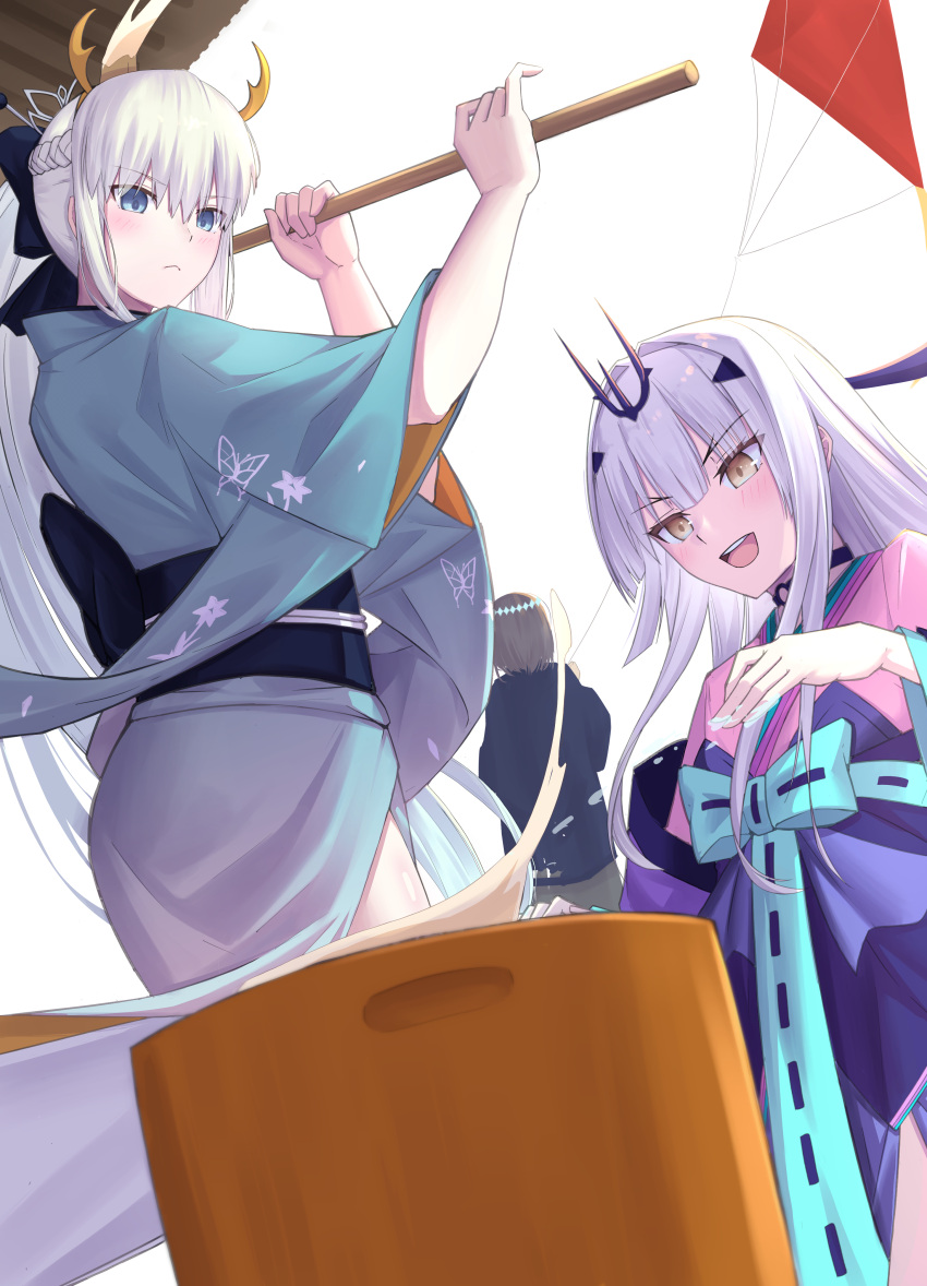 absurdres black_bow blue_eyes blue_kimono bow braid breasts fairy_knight_lancelot_(dream_portrait)_(fate) fate/grand_order fate_(series) forked_eyebrows french_braid grey_hair hair_bow highres japanese_clothes kimono long_hair long_sleeves melusine_(fate) morgan_le_fay_(fate) natu_zame oberon_(fate) obi open_mouth ponytail sash sidelocks small_breasts smile very_long_hair white_hair wide_sleeves yellow_eyes