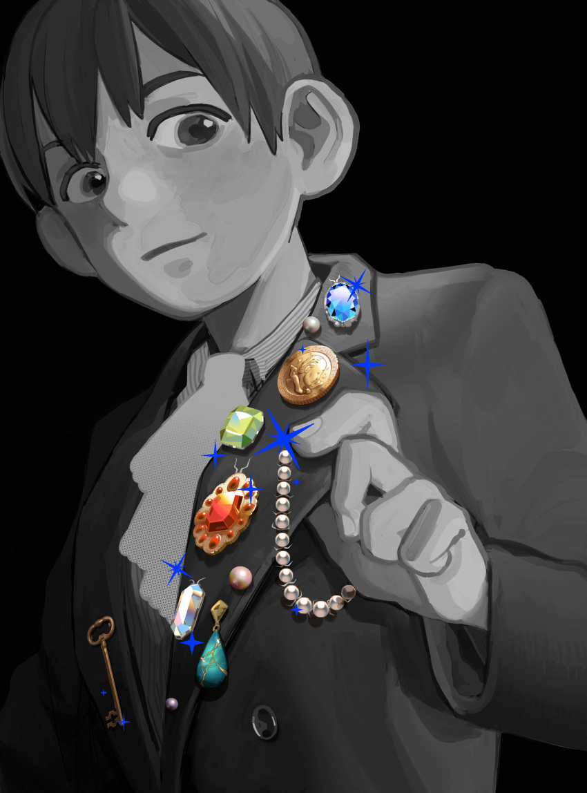 1boy absurdres ascot beads blue_gemstone brooch bug chilchuck collared_shirt commentary_request dungeon_meshi from_below from_side gem green_gemstone halfling hand_up highres jacket jewelry key lapels long_sleeves looking_at_viewer male_focus monochrome red_gemstone sanmarino016 shirt short_hair simple_background solo sparkle spot_color
