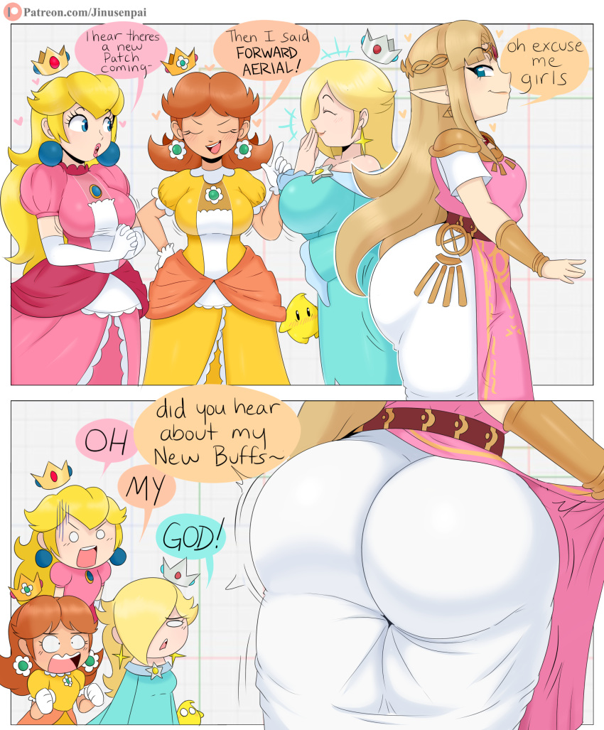 4girls absurdres ass ass_envy belt blonde_hair blue_eyes bouncing_ass bouncing_breasts breasts brown_hair crown dress earrings english_text grid_background hair_over_one_eye hand_to_own_mouth highres huge_ass jewelry jinu_(jinusenpai) large_breasts lipstick long_hair makeup mario_(series) multiple_girls parted_lips pink_dress pointy_ears princess_daisy princess_peach princess_zelda rosalina short_hair smile smug speech_bubble super_mario_galaxy super_smash_bros. surprised the_legend_of_zelda tight_dress white_dress yellow_dress