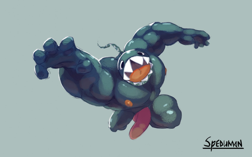 2019 5_fingers abs action_pose anthro anthrofied balls biceps big_muscles big_penis biped black_body black_eyes chain chain_chomp colored_sketch digital_media_(artwork) english_text fangs fingers flaccid genitals grey_background humanoid_penis leaping looking_at_viewer male manly mario_bros muscular muscular_male nintendo nipples nude open_mouth penis pose red_balls red_penis sharp_teeth signature simple_background solo spedumon teeth text tongue video_games