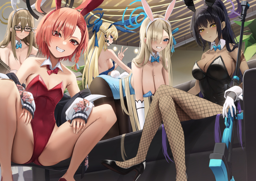 5girls absurdres akane_(blue_archive) akane_(bunny)_(blue_archive) amane_sora animal_ears asuna_(blue_archive) asuna_(bunny)_(blue_archive) black-framed_eyewear black_footwear black_hair black_leotard black_pantyhose blonde_hair blue_archive blue_bow blue_bowtie blue_eyes blue_hair blue_leotard blush bow bowtie braid breasts brown_eyes cleaning_&amp;_clearing_(blue_archive) cleavage closed_mouth collarbone dark-skinned_female dark_skin detached_collar earpiece fake_animal_ears fishnet_pantyhose fishnets glasses grin gun hair_between_eyes hair_over_one_eye high_heels highres indoors jacket karin_(blue_archive) karin_(bunny)_(blue_archive) large_breasts leotard light_brown_hair long_hair long_sleeves mole mole_on_breast multiple_girls neru_(blue_archive) neru_(swimsuit)_(blue_archive) official_alternate_costume pantyhose playboy_bunny ponytail rabbit_ears rabbit_tail red_eyes red_footwear red_hair red_leotard short_hair single_braid smile strapless strapless_leotard sukajan tail toki_(blue_archive) toki_(bunny)_(blue_archive) v weapon yellow_eyes