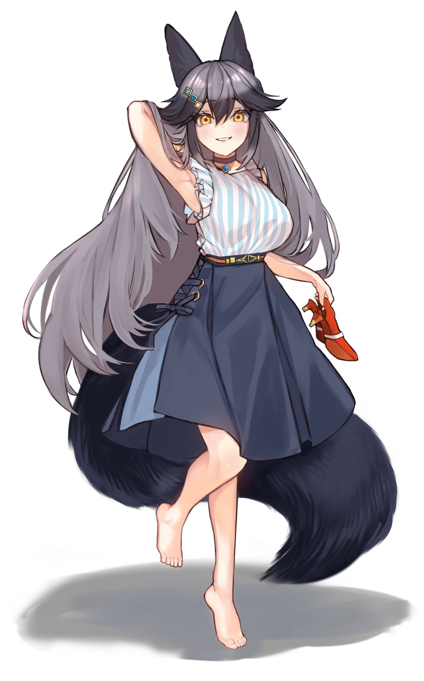 1girl a888_n22 absurdres animal_ears bare_shoulders barefoot black_choker blue_shirt blue_skirt blush choker commission fox_ears fox_girl fox_tail frilled_shirt frills full_body grey_hair hair_between_eyes hair_ornament hairclip highres holding holding_shoes kemono_friends kemono_friends_3 long_hair long_skirt looking_at_viewer multicolored_hair no_shoes official_alternate_costume red_footwear shirt shoes sidelocks silver_fox_(kemono_friends) skeb_commission skirt sleeveless solo standing standing_on_one_leg striped striped_shirt tail toes two-tone_shirt vertical-striped_shirt vertical_stripes white_shirt yellow_eyes