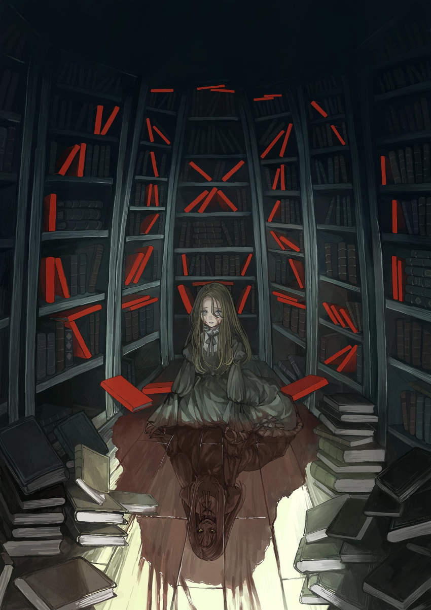 1girl blood blood_on_clothes blood_on_face blood_on_hands blood_stain book book_stack bookshelf brown_hair commentary dark dark_persona different_reflection dress floating floating_book floating_object frilled_dress frills gothic green_dress grey_eyes grin highres horror_(theme) indoors inverted_pentagram kanikamaseiun long_hair looking_at_viewer neck_ribbon on_floor on_ground original pool_of_blood reflection ribbon sitting smile solo wooden_floor