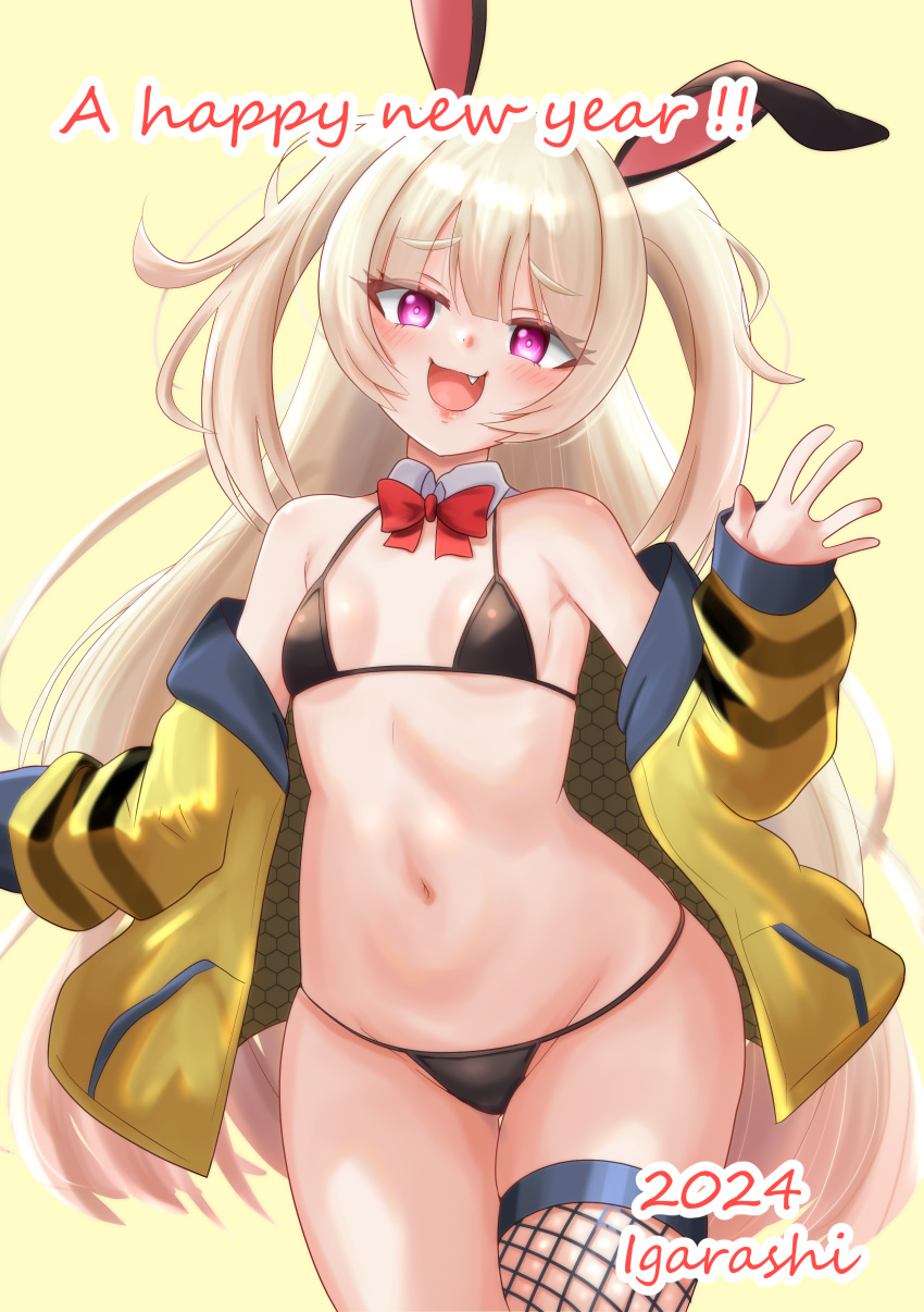 1girl 2024 absurdres animal_ears azur_lane bache_(azur_lane) bare_shoulders bikini black_bikini blonde_hair blush bow bowtie breasts commentary_request detached_collar english_text fang fishnet_thighhighs fishnets from_below groin hand_up happy_new_year highres hip_focus igarashi_gozo jacket long_hair looking_at_viewer mixed-language_commentary navel new_year no_pants off_shoulder open_clothes open_jacket outstretched_hand purple_eyes rabbit_ears red_bow red_bowtie single_fishnet_legwear small_breasts solo swimsuit thighhighs very_long_hair waving yellow_jacket