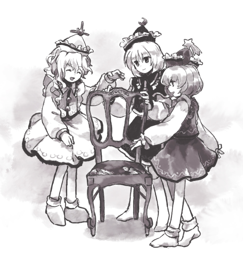 3girls chair closed_eyes closed_mouth collared_shirt commentary_request crescent crescent_hat_ornament frilled_hat frilled_shirt_collar frills greyscale hat hat_ornament highres kaigen_1025 kneehighs long_sleeves lunasa_prismriver lyrica_prismriver merlin_prismriver monochrome multiple_girls no_shoes open_mouth shirt short_hair skirt smile socks star_(symbol) star_hat_ornament touhou vest