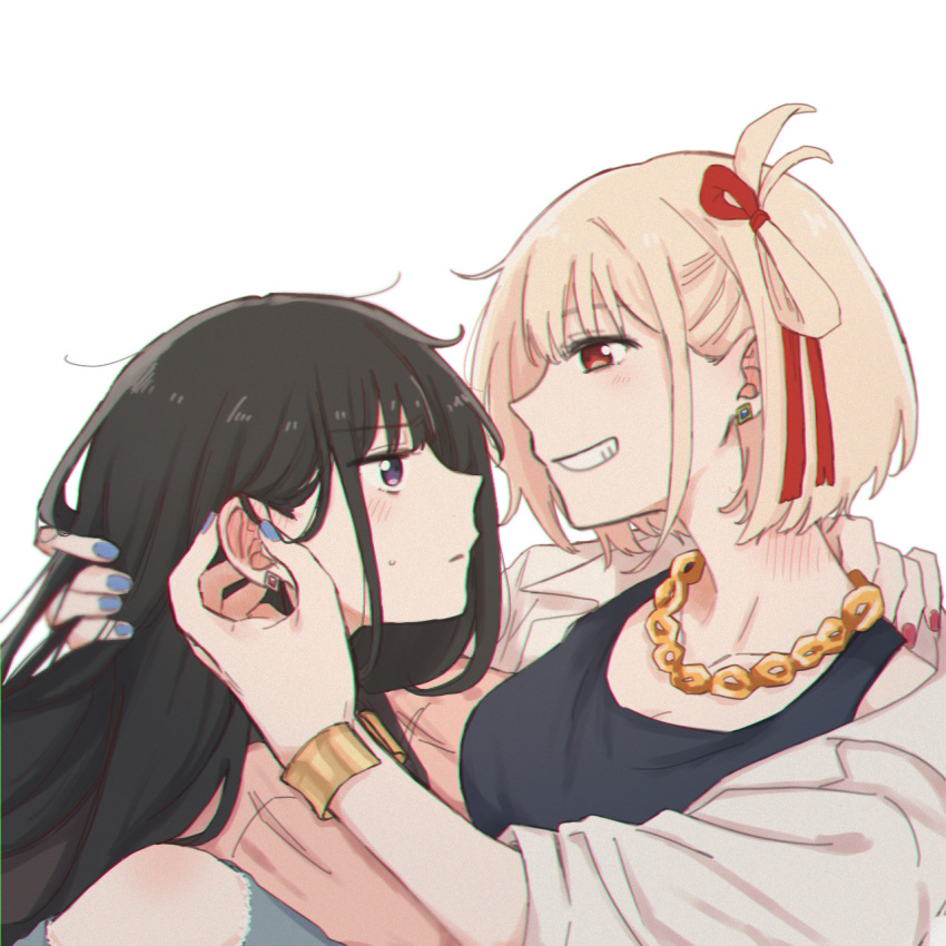 2girls black_hair black_tank_top blonde_hair blue_nails bracelet breasts chromatic_aberration cleavage clenched_teeth commentary_request earrings eye_contact film_grain hair_ribbon hand_on_another's_head highres inoue_takina jewelry large_breasts light_blush long_hair looking_at_another lycoris_recoil matching_accessory matching_earrings multiple_girls nail_polish necklace nishikigi_chisato one_side_up open_clothes open_shirt purple_eyes red_eyes red_nails red_ribbon ribbon shirt short_hair simple_background stud_earrings sweatdrop tank_top teeth upper_body white_background white_shirt yarou_(0tyaro) yuri