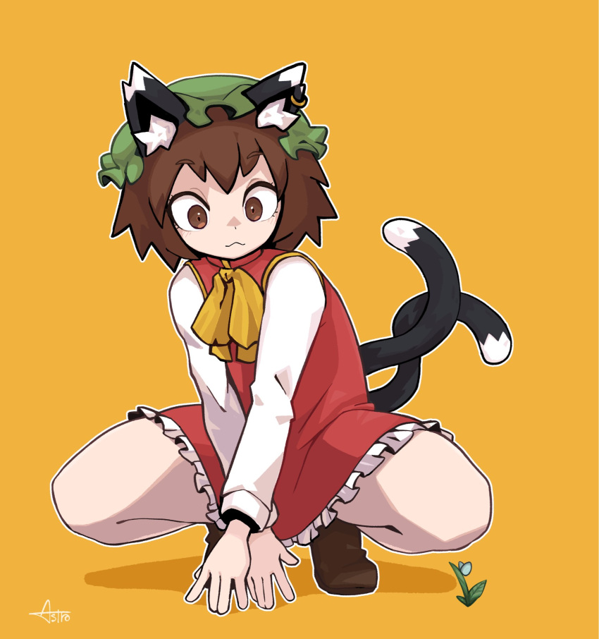 1girl :3 \||/ animal_ear_fluff animal_ears asutoro_(s--t) bow bowtie brown_eyes brown_hair cat_ears cat_tail chen closed_mouth commentary_request dress flat_chest frills full_body green_headwear hat highres mob_cap multiple_tails nekomata orange_background outline petite petticoat red_dress short_hair simple_background solo squatting tail touhou two_tails white_outline yellow_bow yellow_bowtie