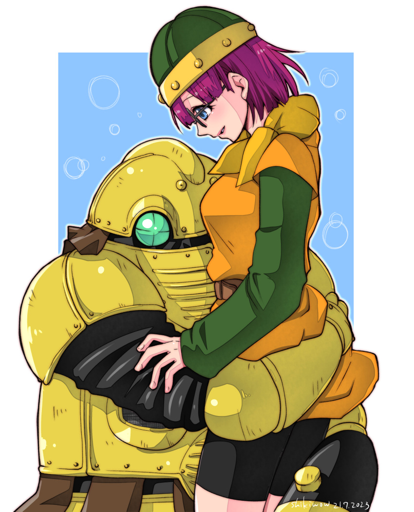 1girl 1other absurdres artist_name black_shorts blue_background blue_eyes blunt_bangs border breasts chrono_trigger dated glasses green_shirt helmet highres hug long_sleeves lucca_ashtear medium_breasts neckerchief orange_tunic parted_lips purple_hair robo_(chrono_trigger) robot shikiwo shirt short_hair shorts smile white_border yellow_neckerchief