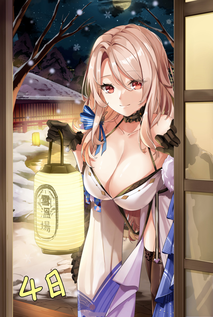 1girl absurdres black_thighhighs blonde_hair blush breasts cave cleavage closed_mouth cloud collarbone damow_(myway83522) goddess_of_victory:_nikke highres holding holding_lantern japanese_clothes lantern large_breasts leaning_forward long_hair looking_at_viewer ludmilla_(nikke) ludmilla_(winter_owner)_(nikke) moon night official_alternate_costume parted_bangs red_eyes sky sliding_doors smile snowing solo thighhighs thighs tree